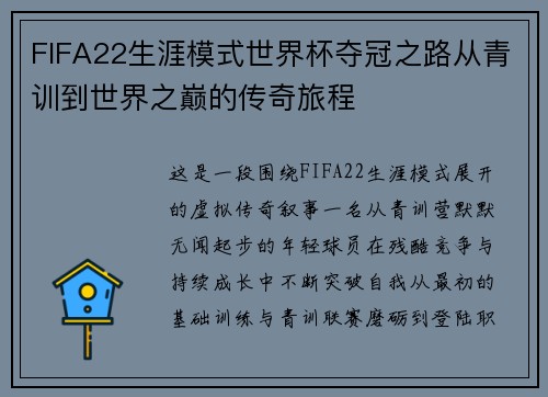 FIFA22生涯模式世界杯夺冠之路从青训到世界之巅的传奇旅程